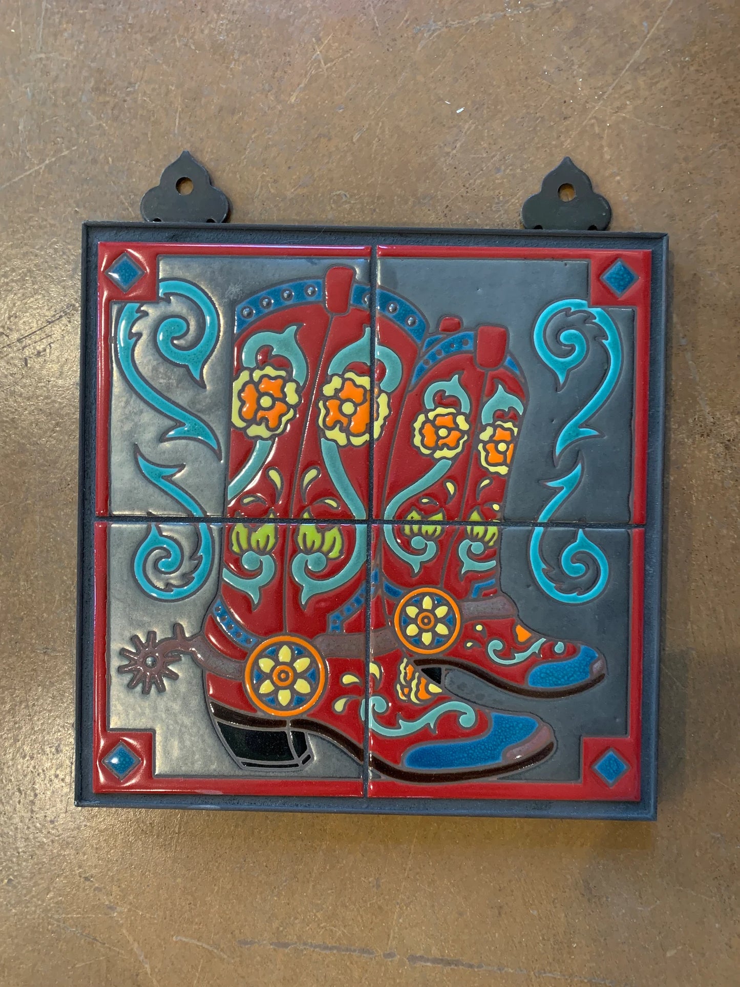 12x12 Cowboy Boots on Silver Hand Glazed Decorative Tile Mural