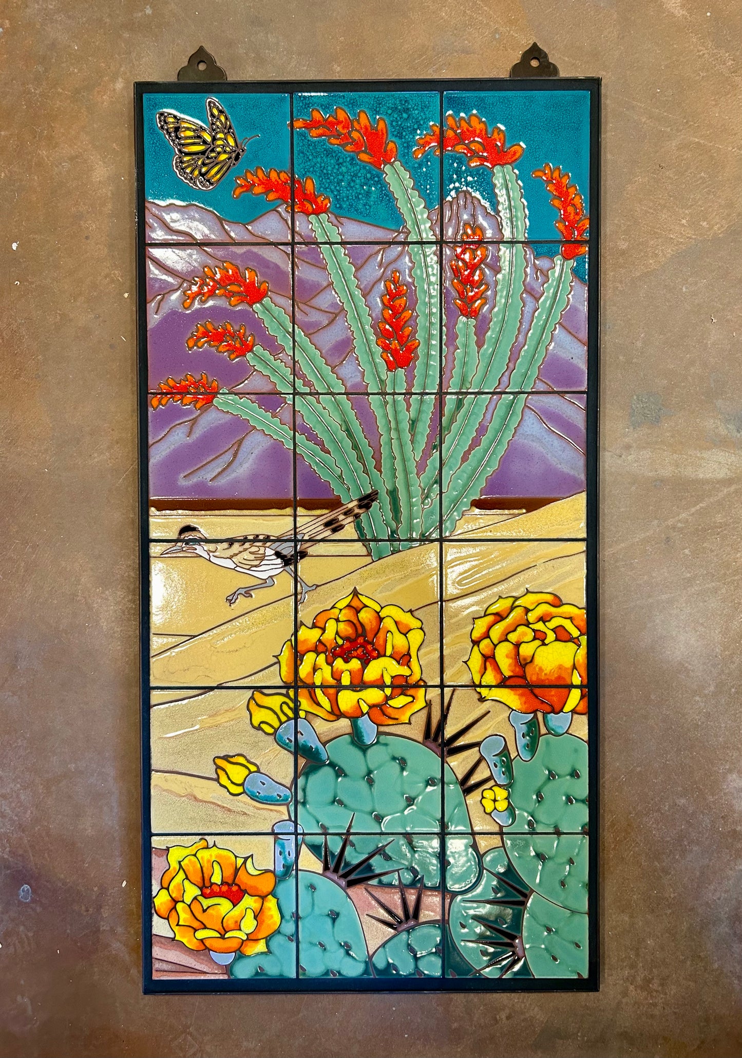 Ocotillo with Roadrunner - Desert Scene Fine Art Tile Mural 18"x36"