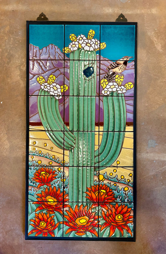 Saguaro with Cactus Wren - Desert Scene Fine Art Tile Mural 18"x36"