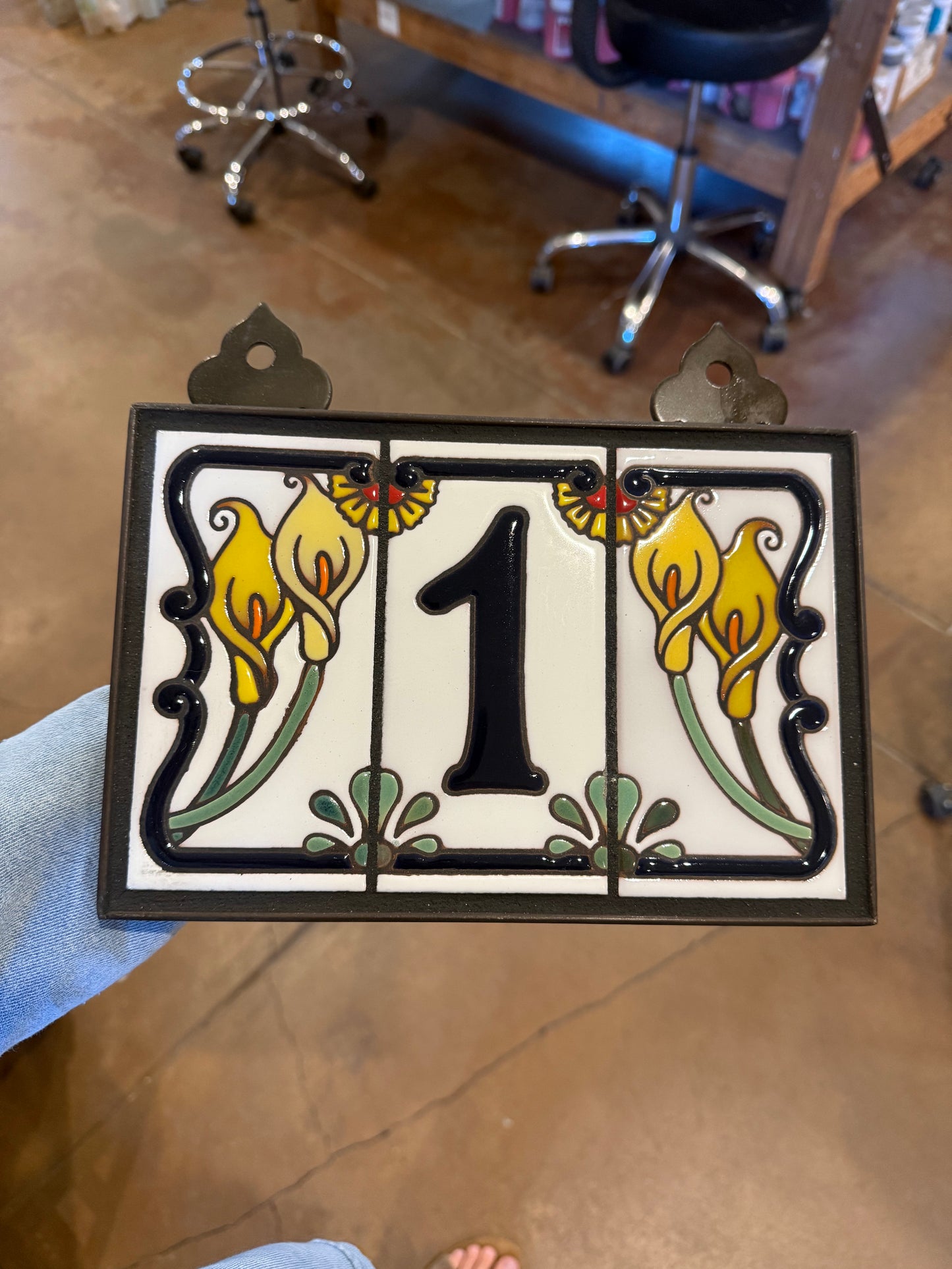 Custom Tile House Numbers with Calla Lily End Caps, White Ceramic Background, and Blue Numbers