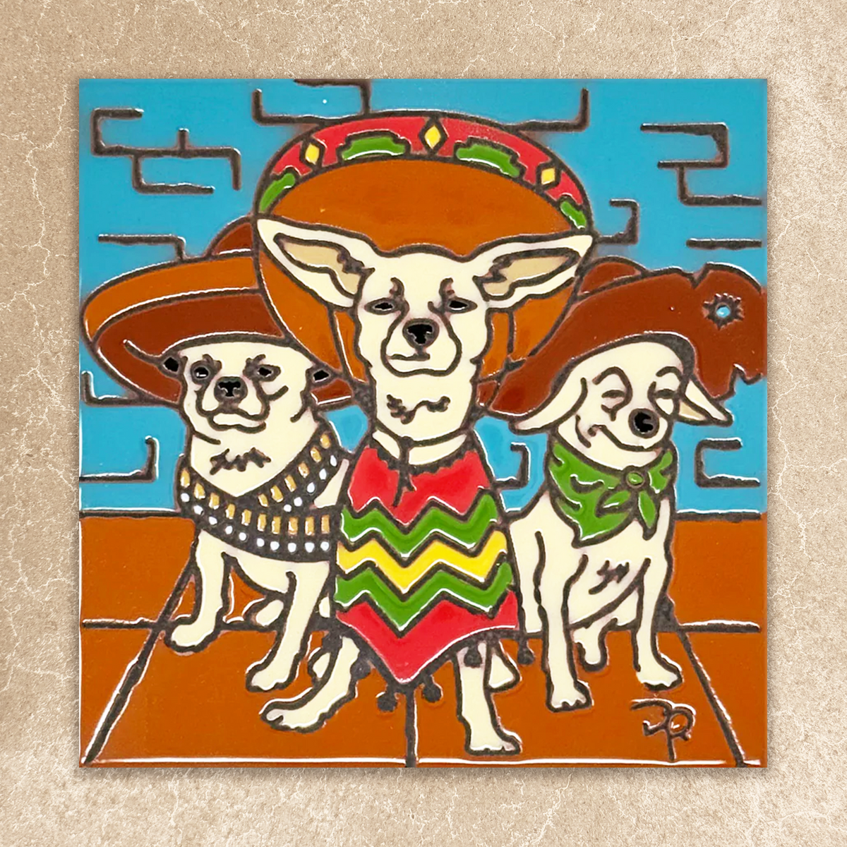 Decorative tile with a colorful illustration of three dogs wearing hats and traditional clothing on a blue and brown background.