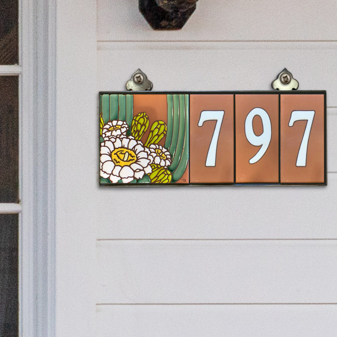 Choose your design: Tile House Numbers with Cactus, Butterfly or Hummingbird design, Terra Cotta Background and White Numbers