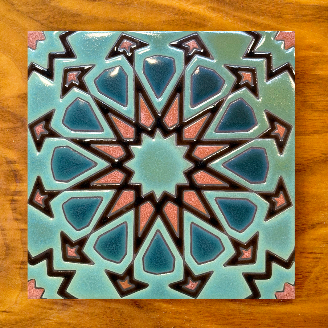 6”x6” Alhambra inspired tile design. Geometric kitchen trivet art gift green