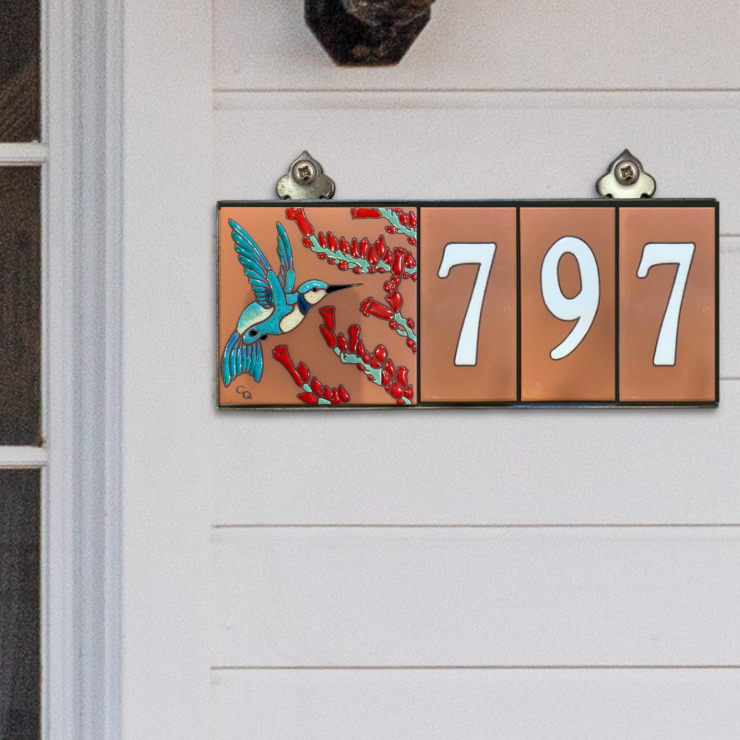 Choose your design: Tile House Numbers with Cactus, Butterfly or Hummingbird design, Terra Cotta Background and White Numbers