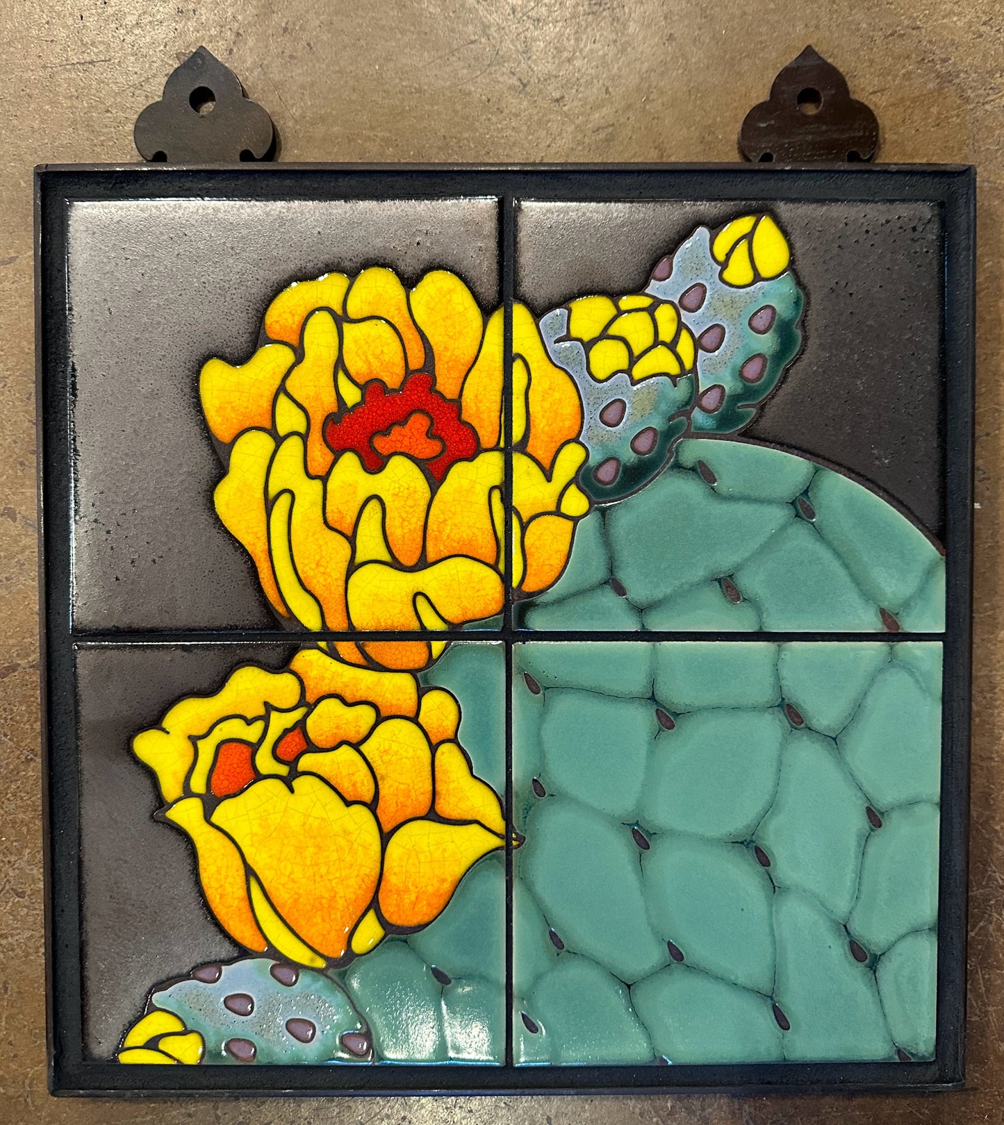 Prickly Pear Blooms Tile Mural on Emerald, Terra Cotta, or Black Adventurine Tile