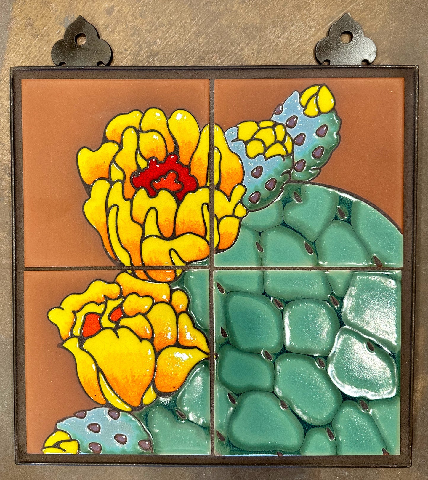 Prickly Pear Blooms Tile Mural on Emerald, Terra Cotta, or Black Adventurine Tile