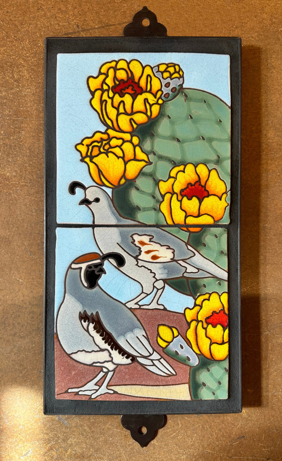 Decorative tile with quails and cacti on a blue background, 8"x16" Hand-Glazed Ceramic Quail Mural with Prickly Pear Blooms – Framed Wall Art from Tucson, Arizona