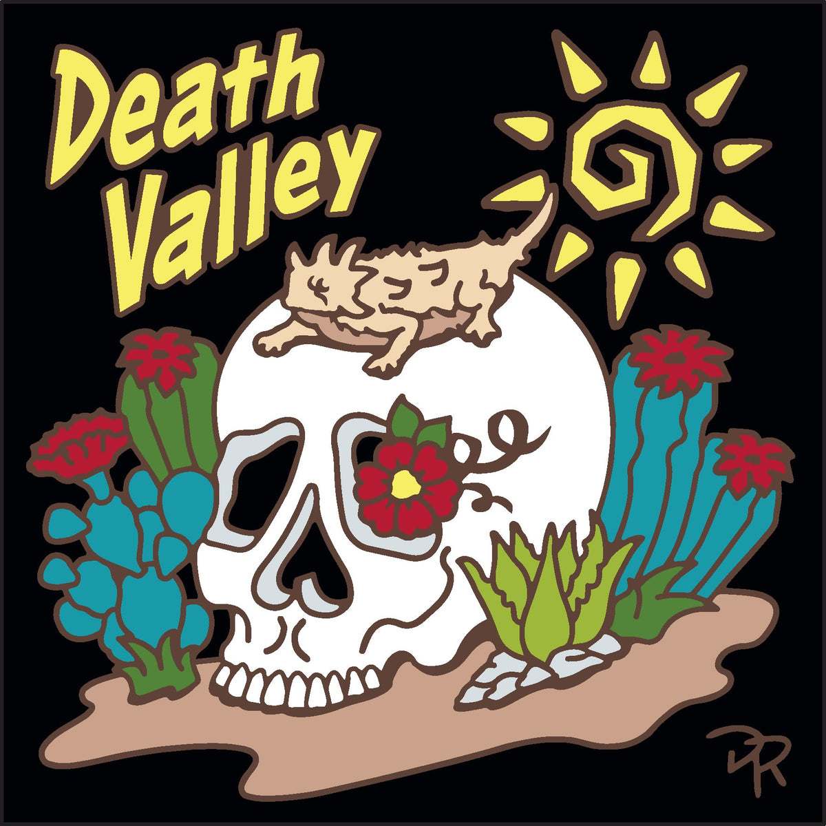 Cartoonish skull with flowers and cacti, surrounded by text and a sun, on a black background. Death Valley Cactus Garden Skull Tile | Ceramic Tile Trivet Art | California Travel Gift