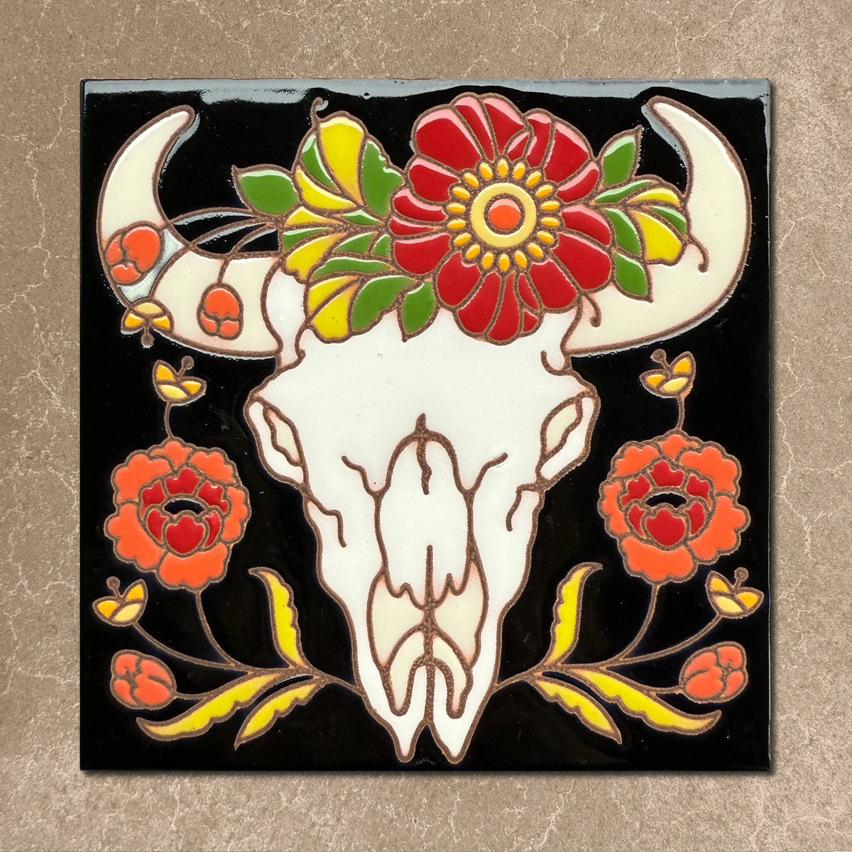 Cow Skull with Red Flowers Tile (9415), Earthtones Heritage Collection