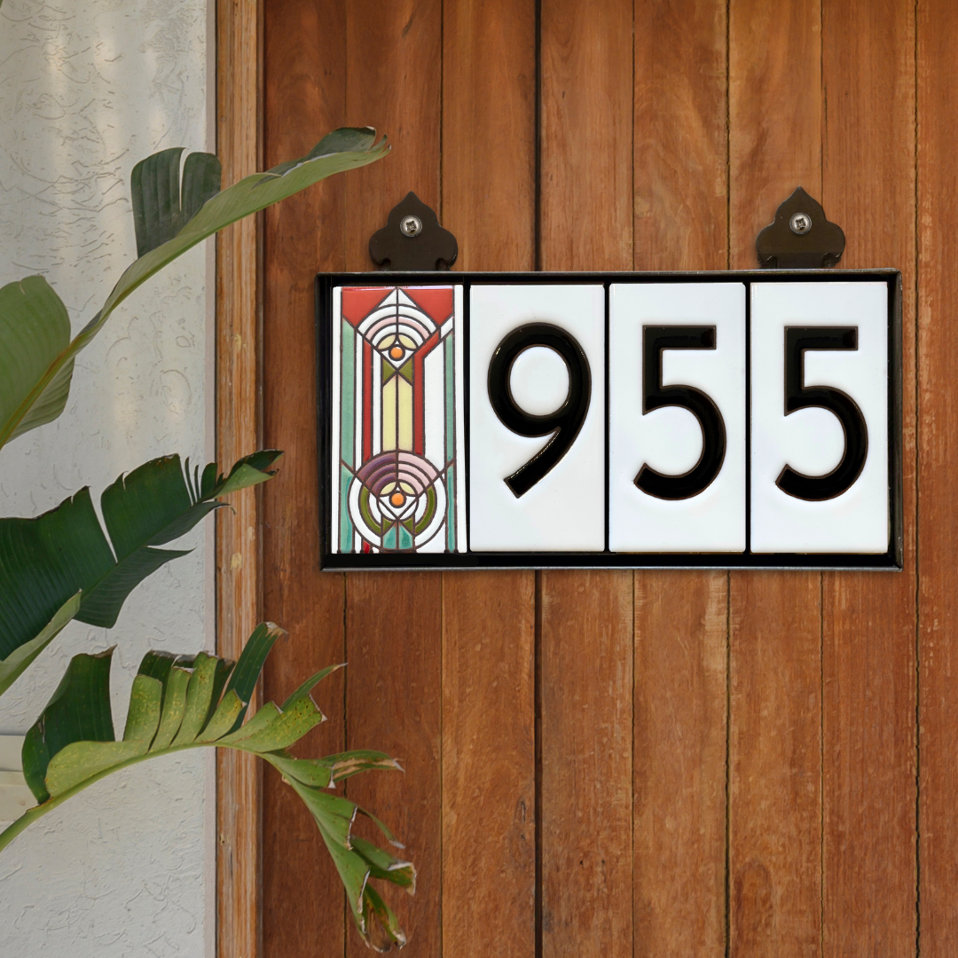 Hand Glazed Tile House Numbers & Custom Address Sign with Frank Lloyd Wright April Showers Design | Architecture Gift