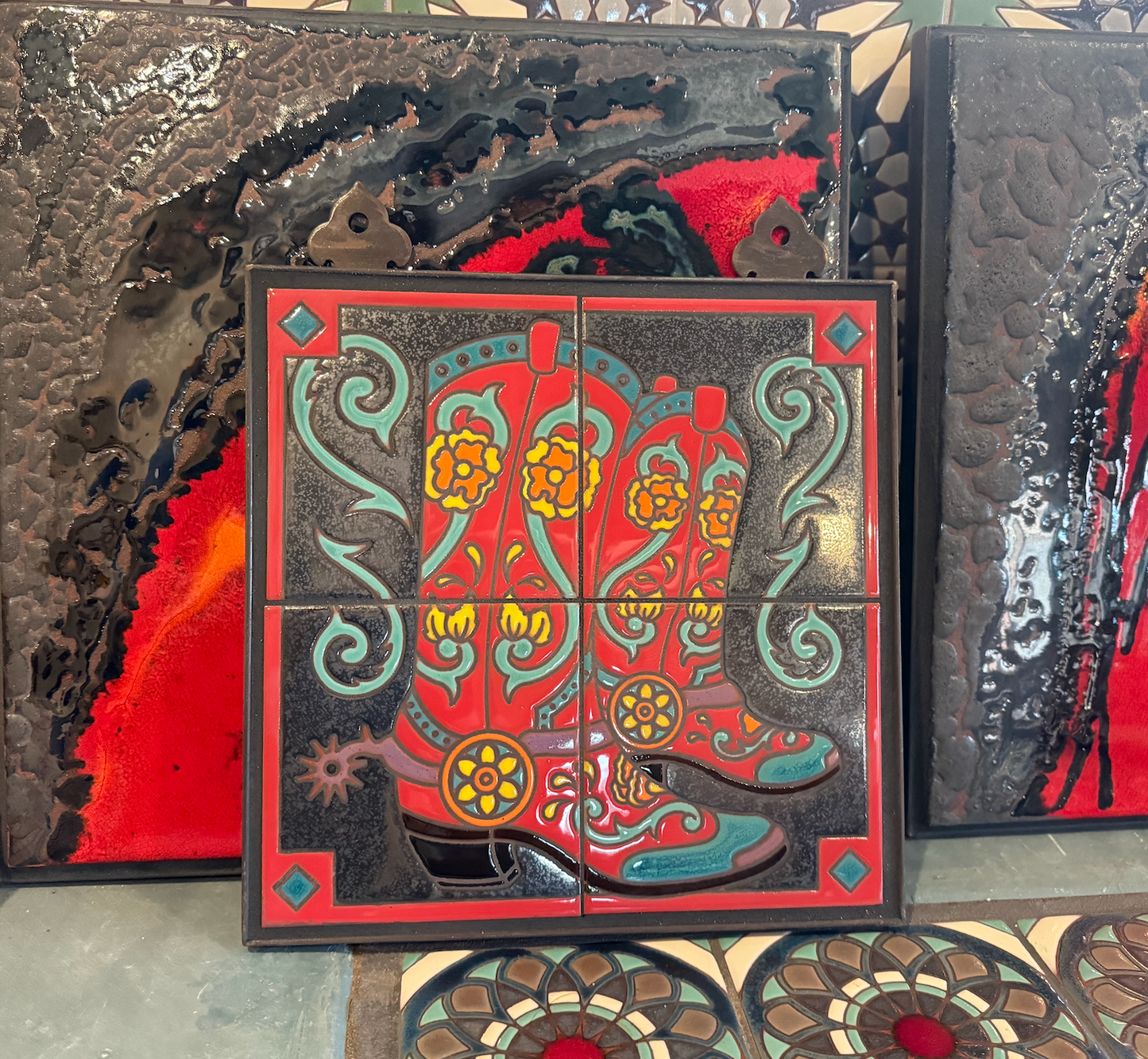 12x12 Cowboy Boots on Silver Hand Glazed Decorative Tile Mural
