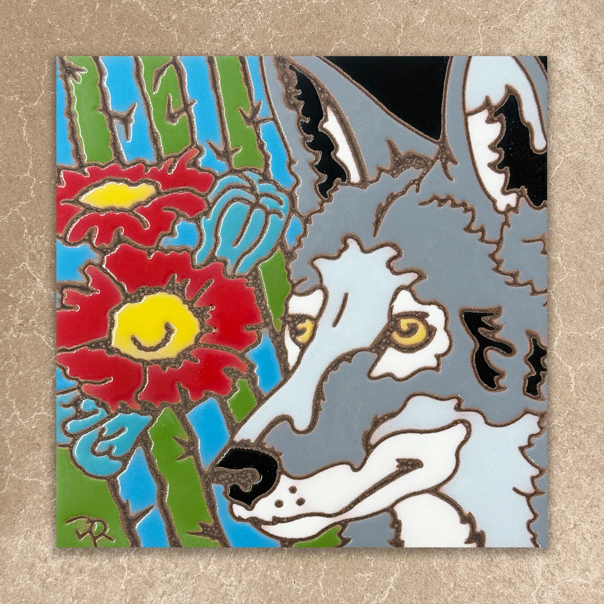Artistic depiction of a coyote and flowers on a textured beige background