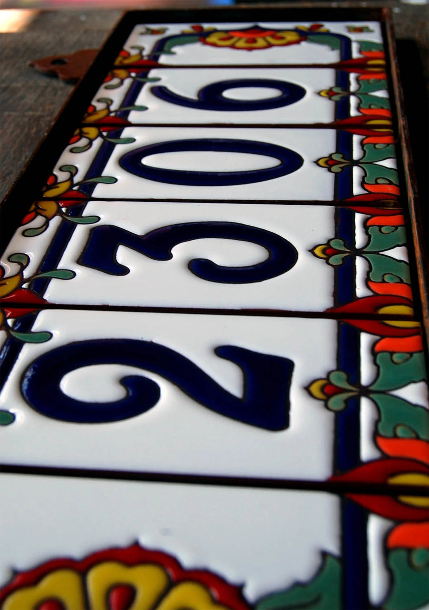Custom Tile House Numbers with Talavera End Caps, White Background and Blue Numbers