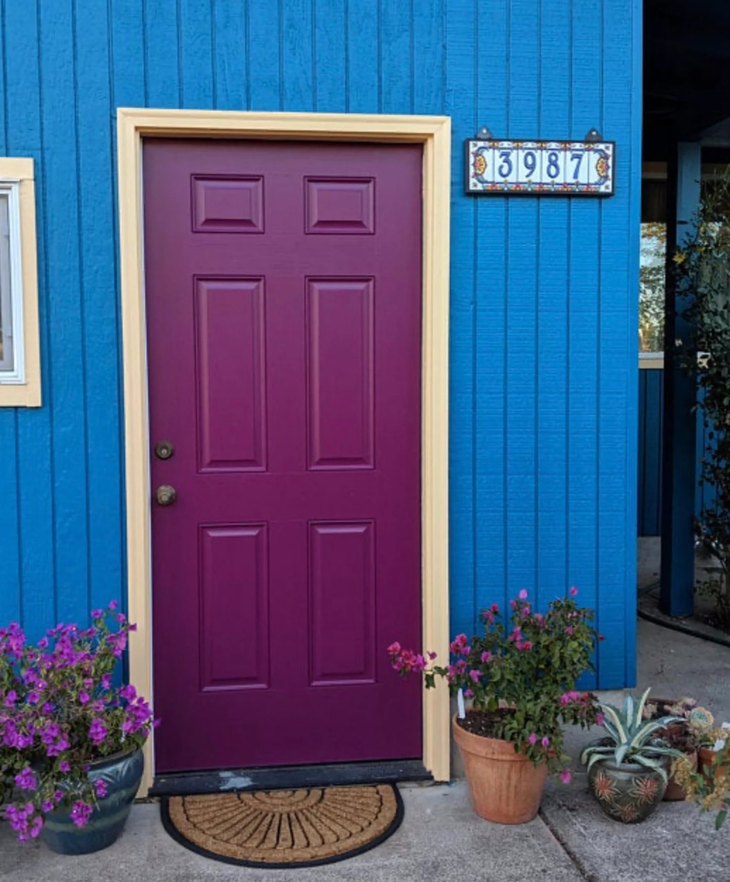 Custom Tile House Numbers with Talavera End Caps, White Background and Blue Numbers