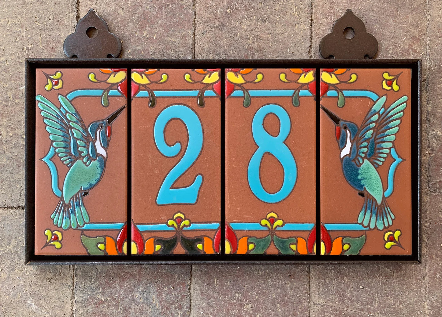 Custom Tile House Numbers with Talavera design, Hummingbird End Caps, Terra Cotta Background and Turquoise Numbers