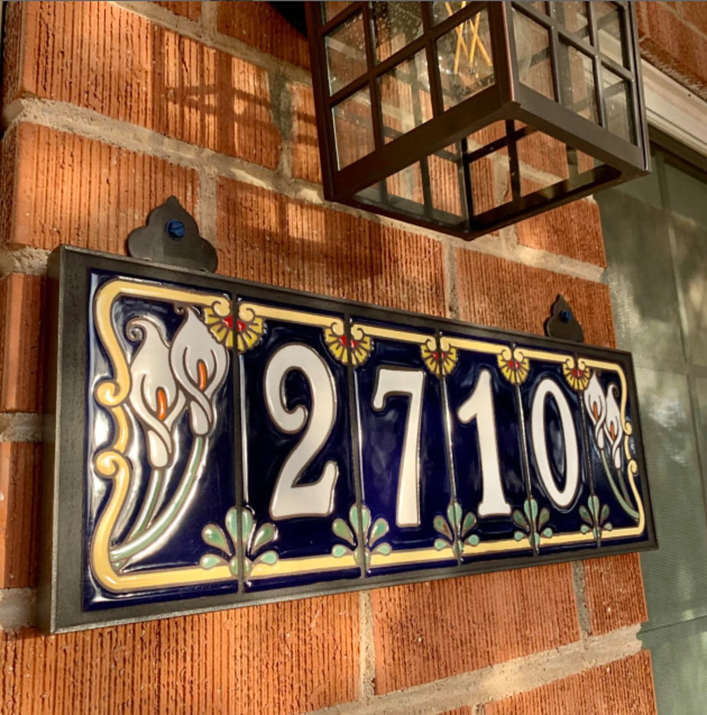 Calla Lily House Number Sign | White on Blue Ceramic Tile | Calla Lily End Caps | Personalizable Tile House Address Plaque | Hand Glazed