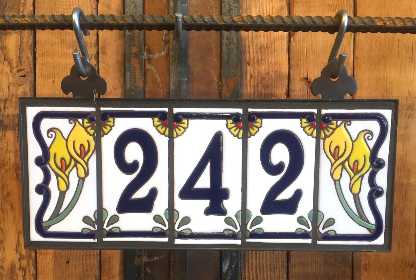 Custom Tile House Numbers with Calla Lily End Caps, White Ceramic Background, and Blue Numbers