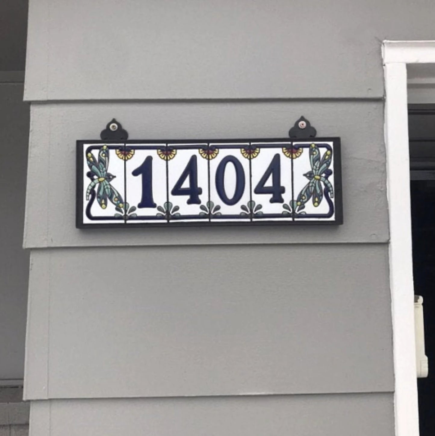 Custom Tile House Numbers with Dragonfly End Caps, White Ceramic Background, and Royal Blue Numbers