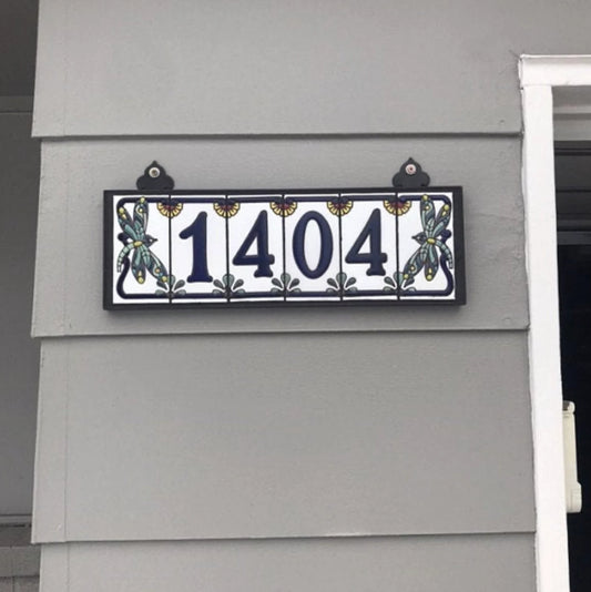 Custom Tile House Numbers with Dragonfly End Caps, White Ceramic Background, and Blue Numbers