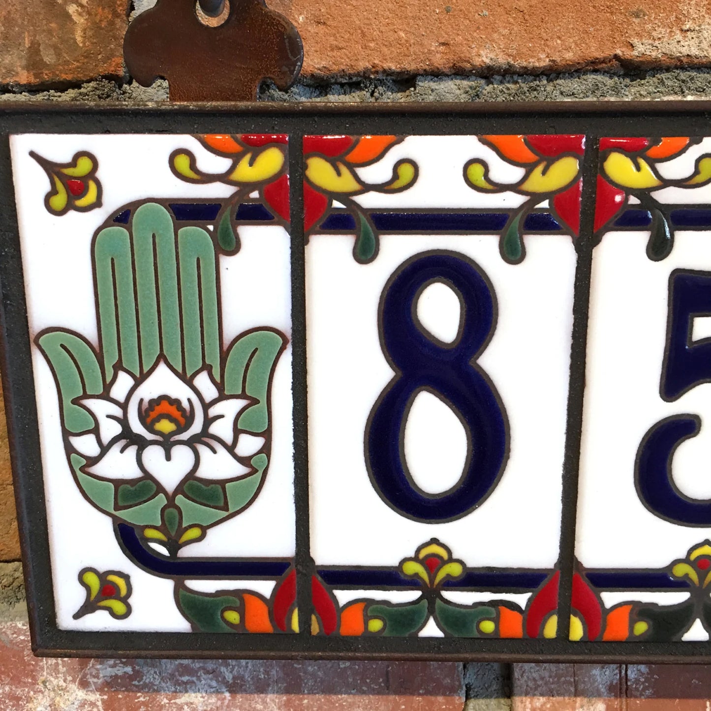 Custom Tile House Numbers with Hamsa Hand End Caps, White Ceramic Background, and Blue Numbers