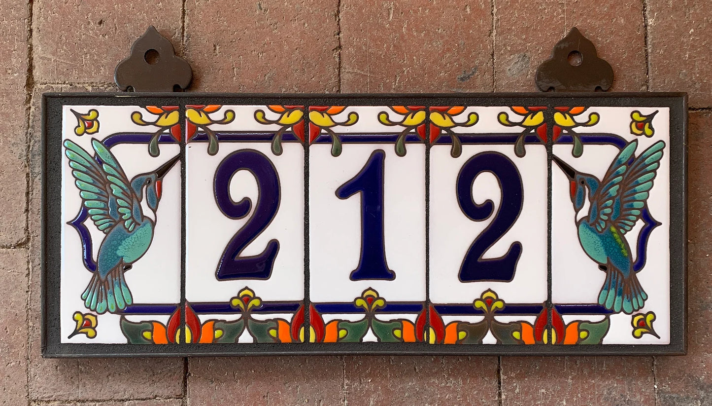 Custom Talavera Tile House Numbers with Hummingbird End Caps, White Background and Royal Blue Numbers