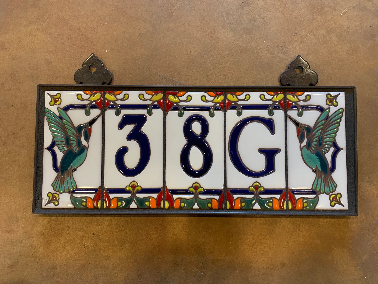 Custom Talavera Tile House Numbers with Hummingbird End Caps, White Background and Royal Blue Numbers