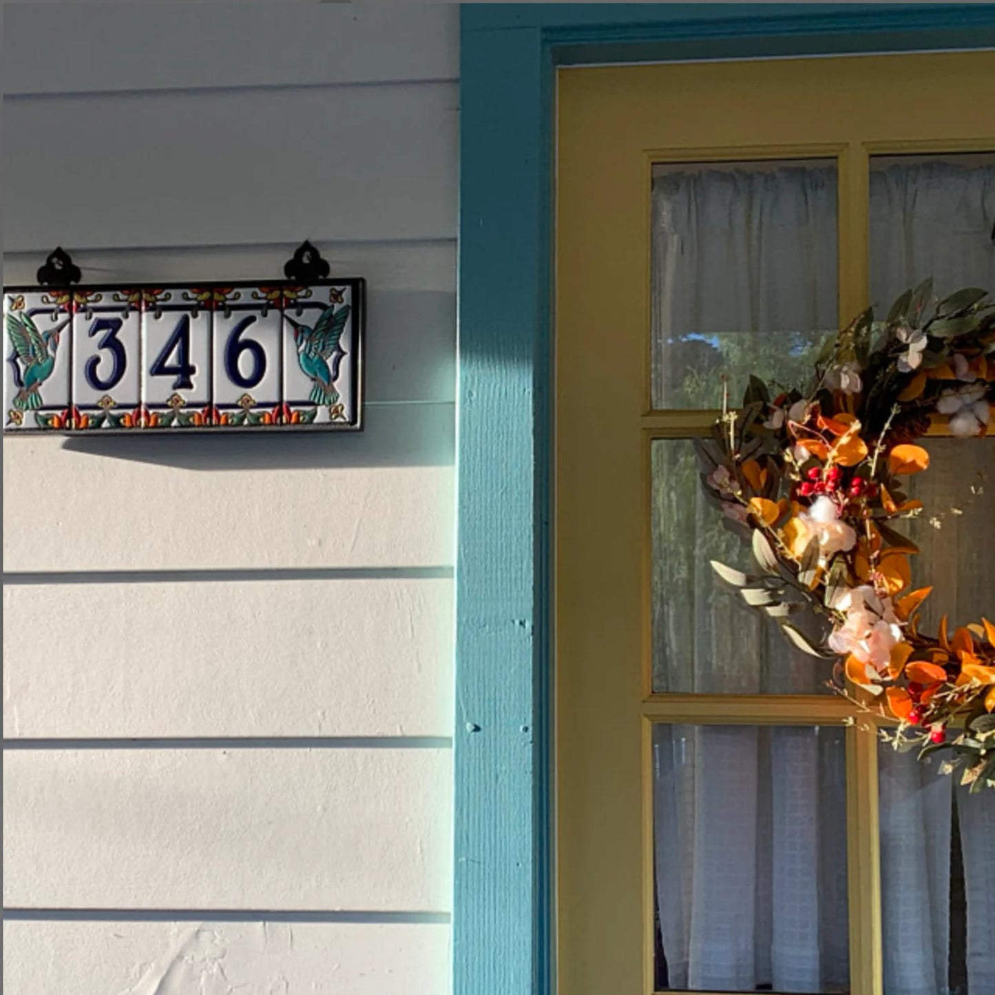 Custom Talavera Tile House Numbers with Hummingbird End Caps, White Background and Royal Blue Numbers
