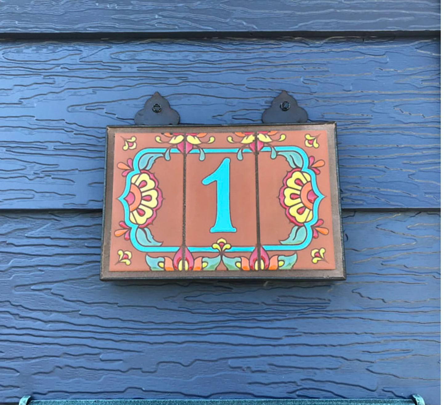 Custom Tile House Numbers with Talavera End Caps, Terra Cotta Background, and Turquoise Numbers
