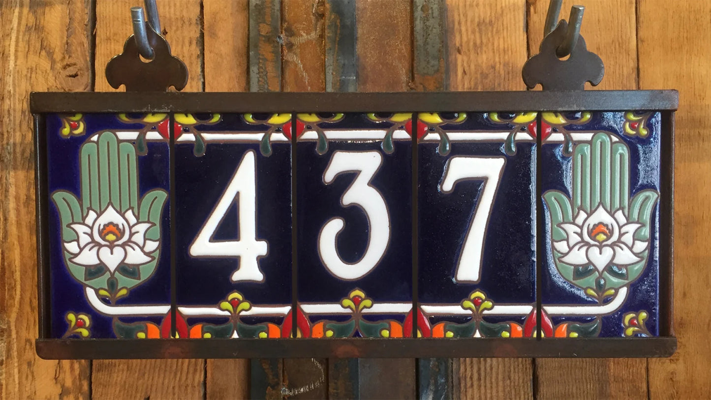 Custom Tile House Numbers with Hamsa Hand End Caps, Blue Background, and White Numbers