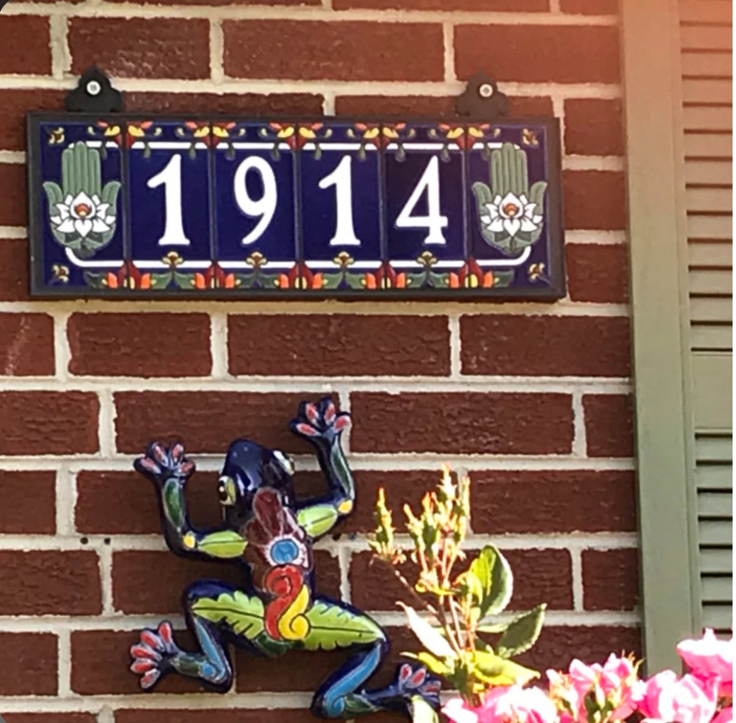 Custom Tile House Numbers with Hamsa Hand End Caps, Blue Background, and White Numbers