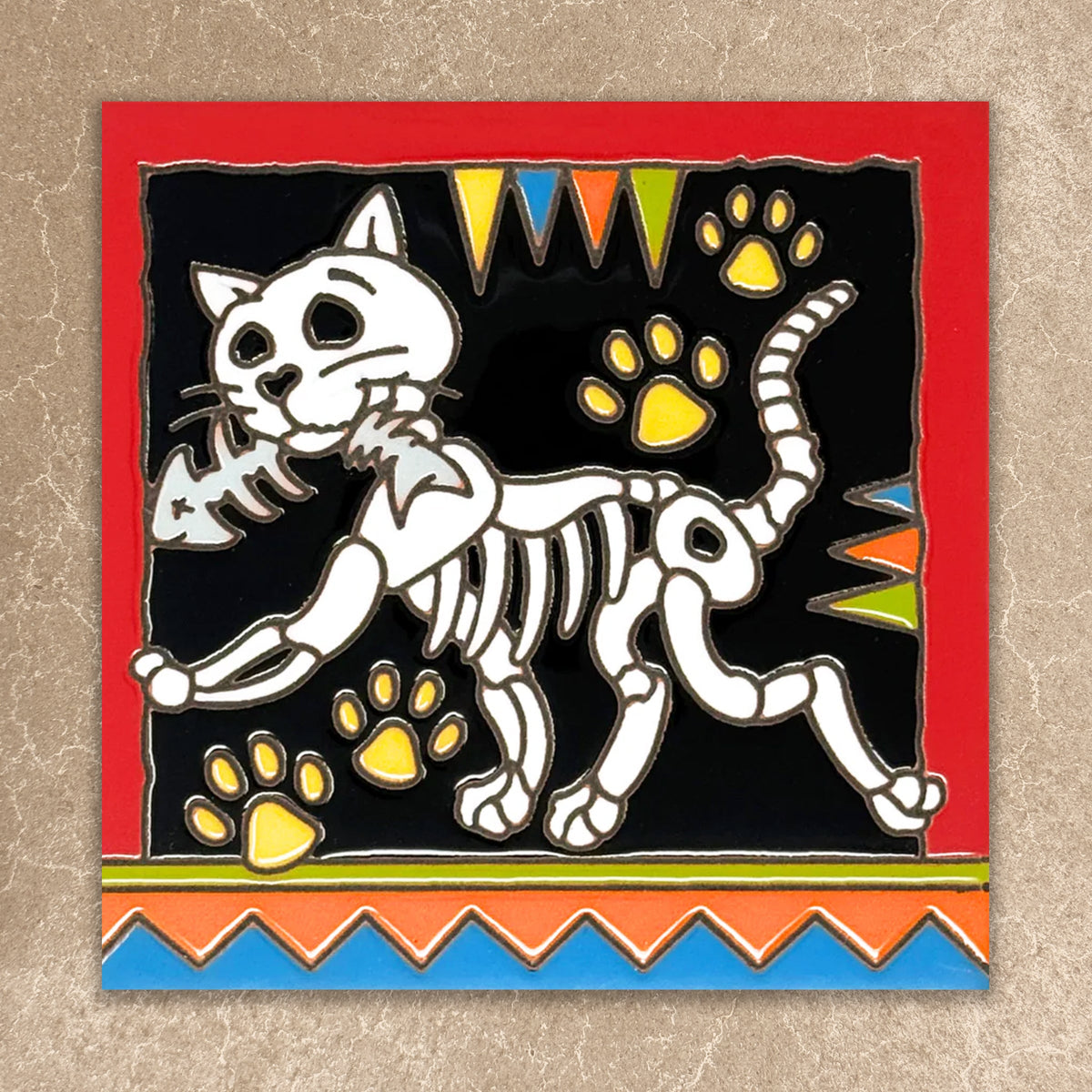 Skeletal cat design with colorful border on a textured beige background