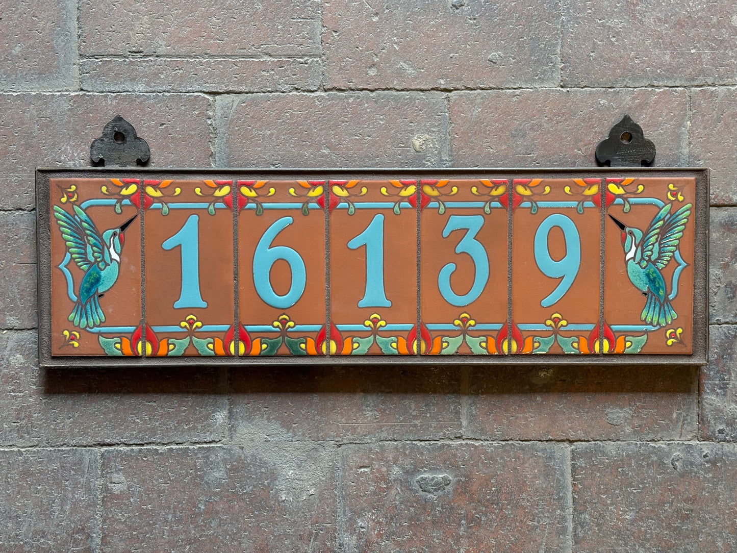 Custom Tile House Numbers with Talavera design, Hummingbird End Caps, Terra Cotta Background and Turquoise Numbers