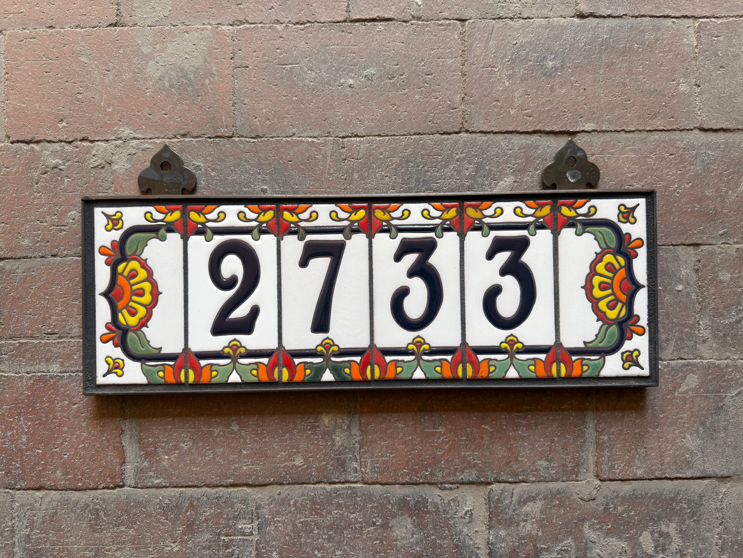 Custom Tile House Numbers with Talavera End Caps, White Background and Blue Numbers