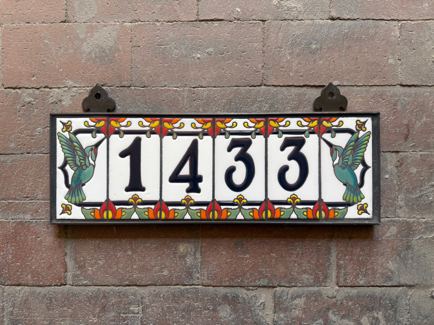 Custom Talavera Tile House Numbers with Hummingbird End Caps, White Background and Royal Blue Numbers