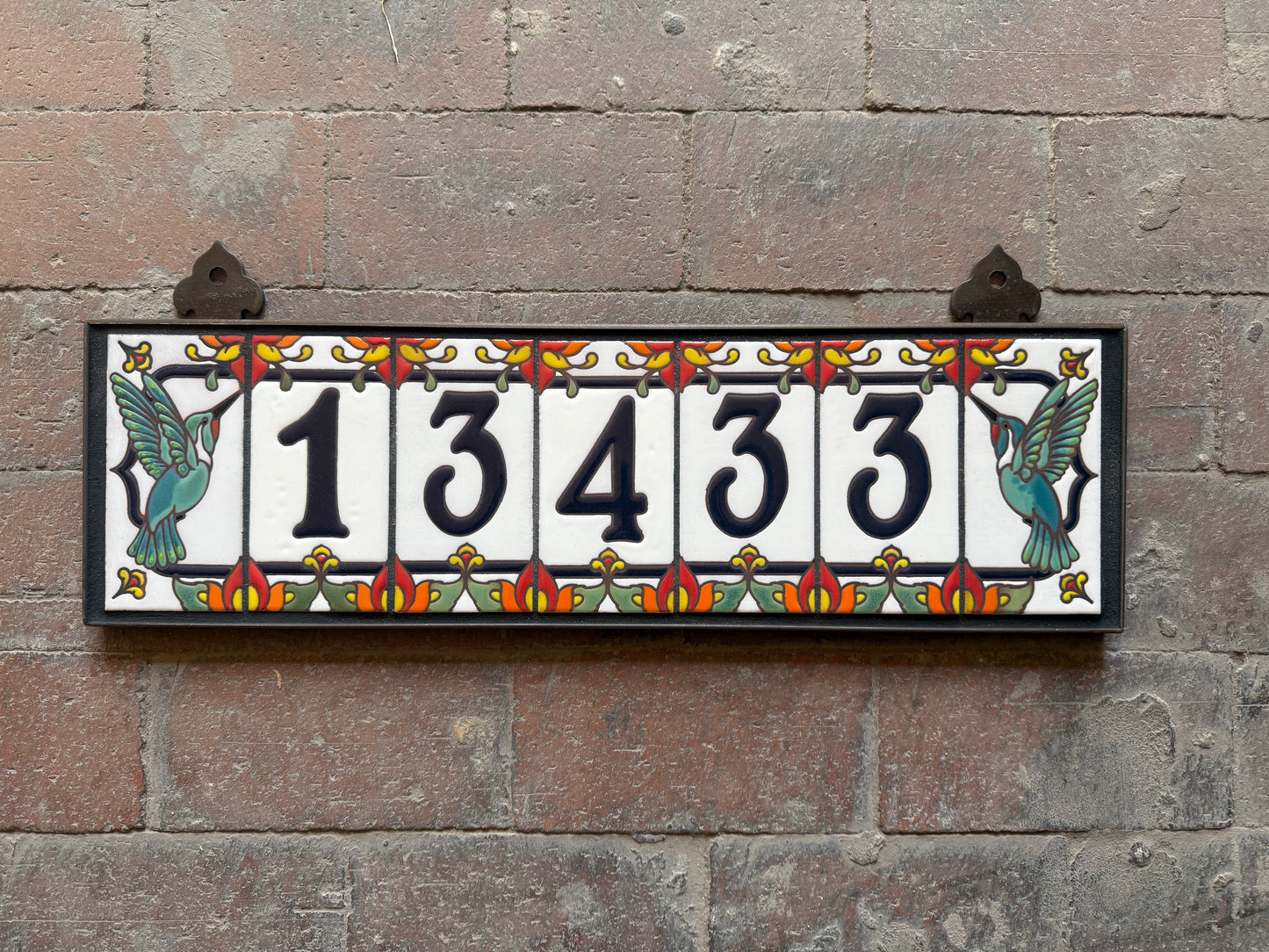 Custom Talavera Tile House Numbers with Hummingbird End Caps, White Background and Royal Blue Numbers