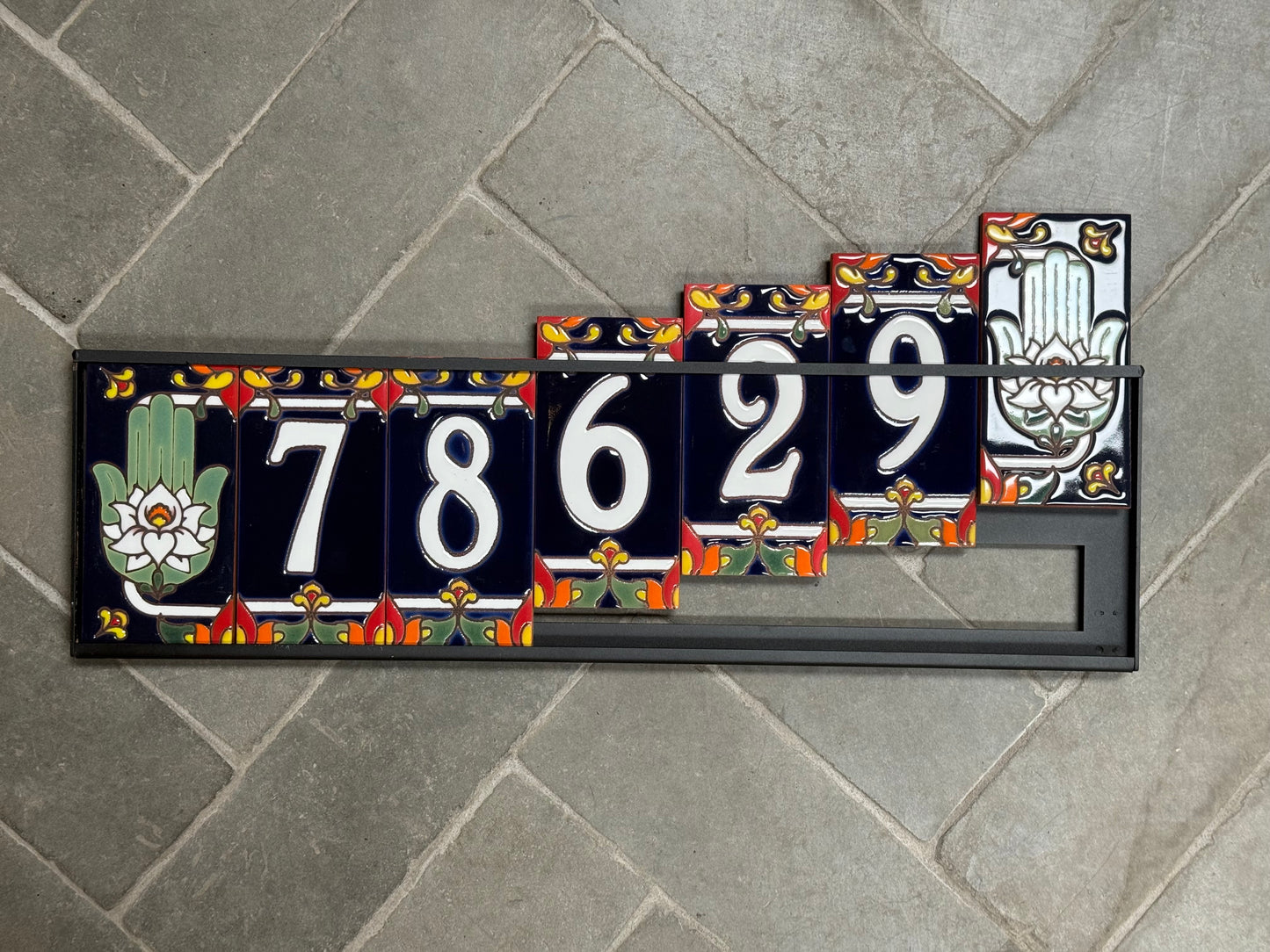 Custom Tile House Numbers with Hamsa Hand End Caps, Blue Background, and White Numbers