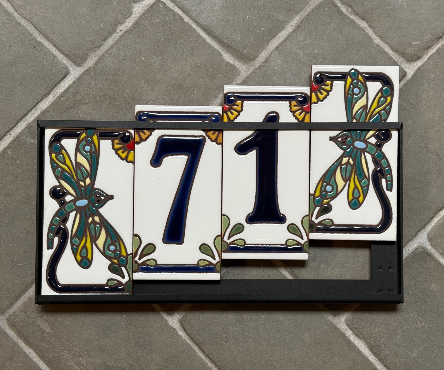 Custom Tile House Numbers with Dragonfly End Caps, White Ceramic Background, and Blue Numbers