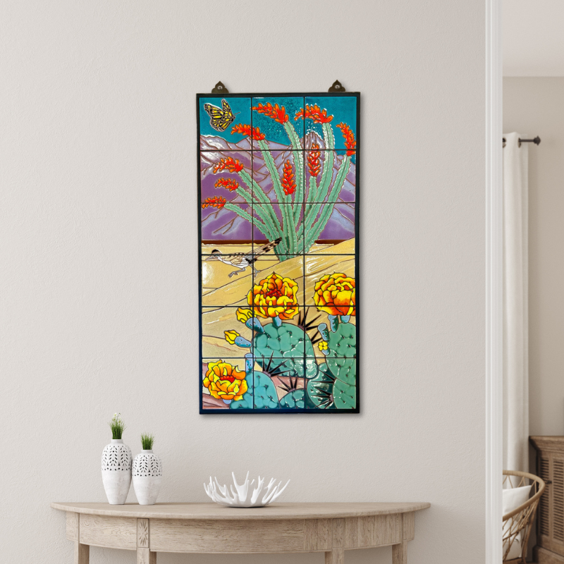 てぃんくる Specular Collapse アートミラー 複製原画 Ocotillo with Roadrunner - Desert Scene Tile Mural 18
