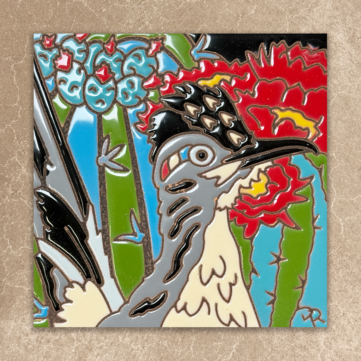 roadrunner and cactus ceramic tile