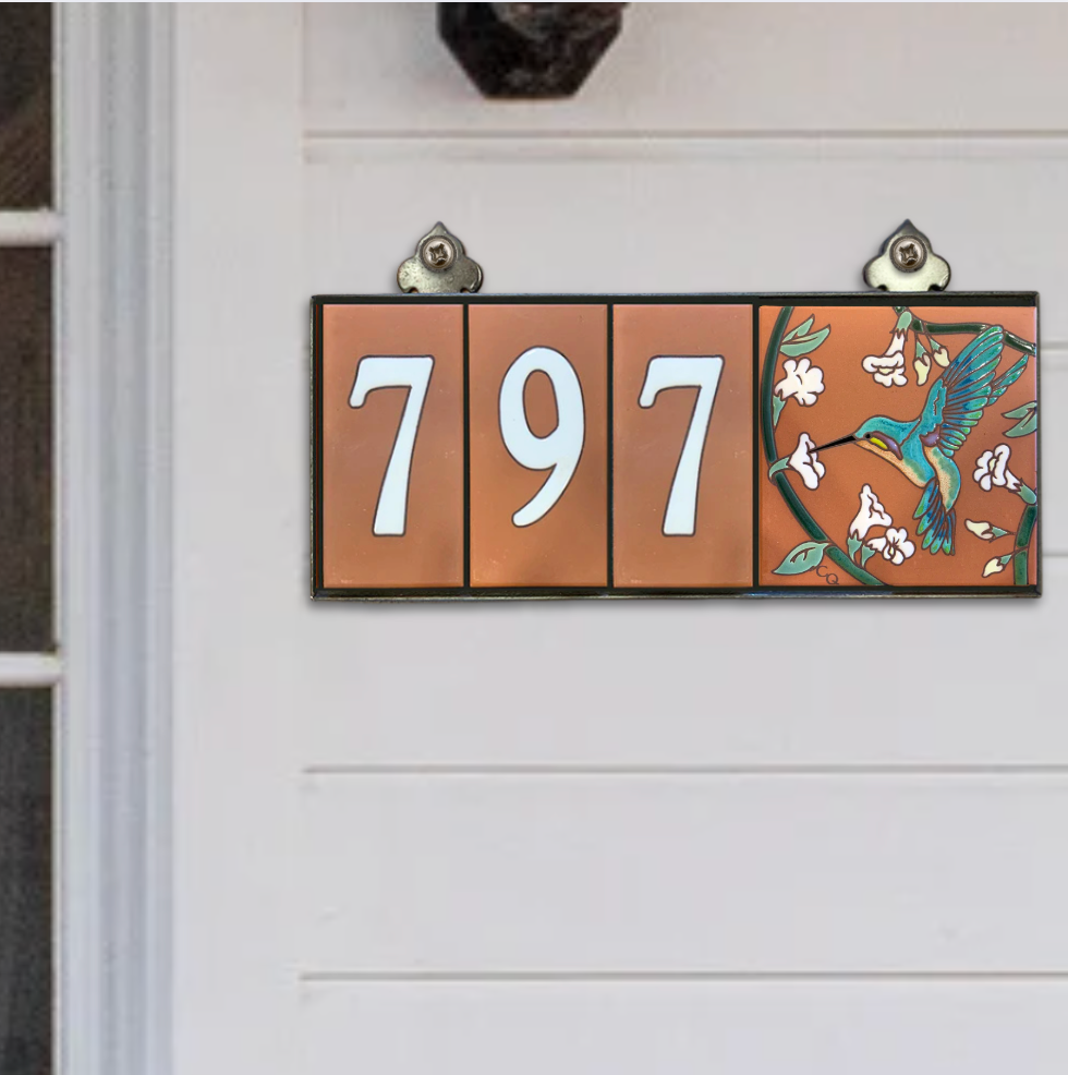 Choose your design: Tile Address Sign with Cactus, Butterfly or Hummingbird design, Terra Cotta Background and White Numbers