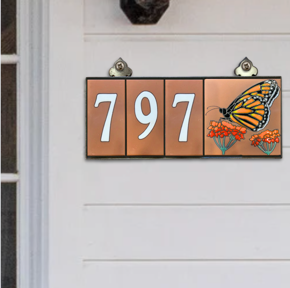 Choose your design: Tile Address Sign with Cactus, Butterfly or Hummingbird design, Terra Cotta Background and White Numbers