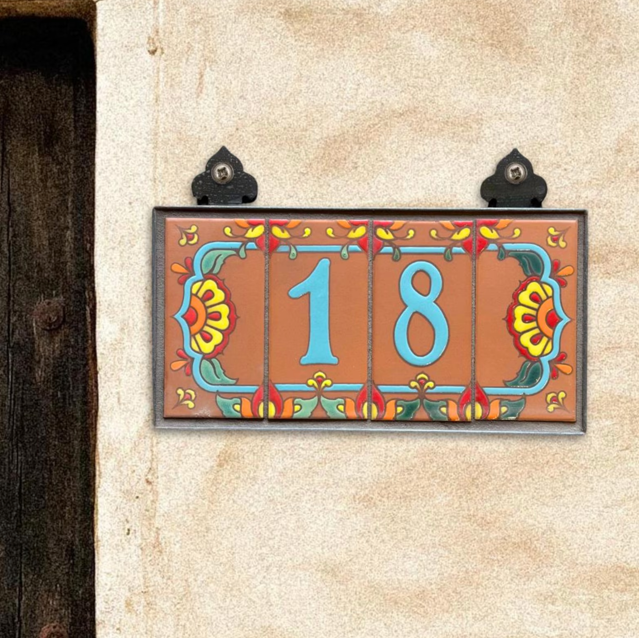 Custom Tile House Numbers with Talavera End Caps, Terra Cotta Background, and Turquoise Numbers