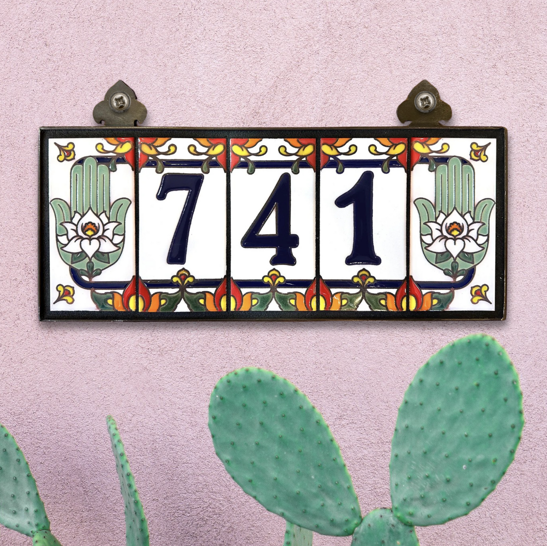 Talavera Hamsa House Numbers | Blue on White Ceramic Tile | Hamsa End Caps | Custom Address Sign | Hand Glazed in Arizona