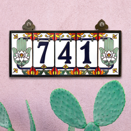 Talavera Hamsa House Numbers | Blue on White Ceramic Tile | Hamsa End Caps | Custom Address Sign | Hand Glazed in Arizona