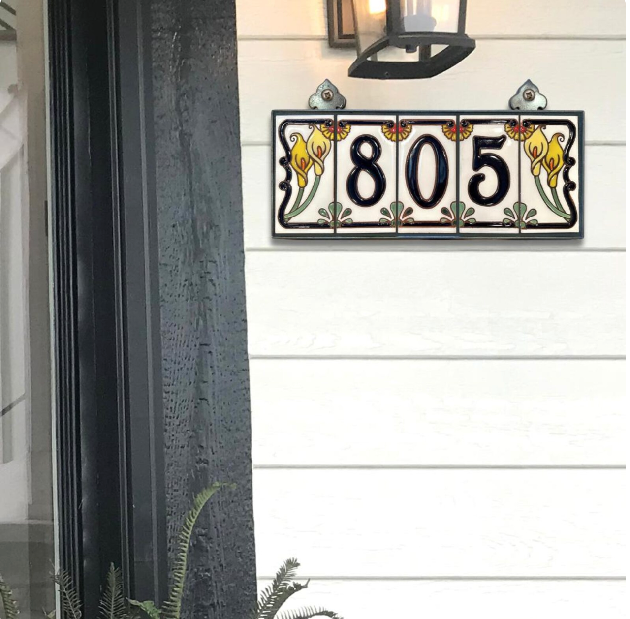 Custom Tile House Numbers with Calla Lily End Caps, White Ceramic Background, and Royal Blue Numbers