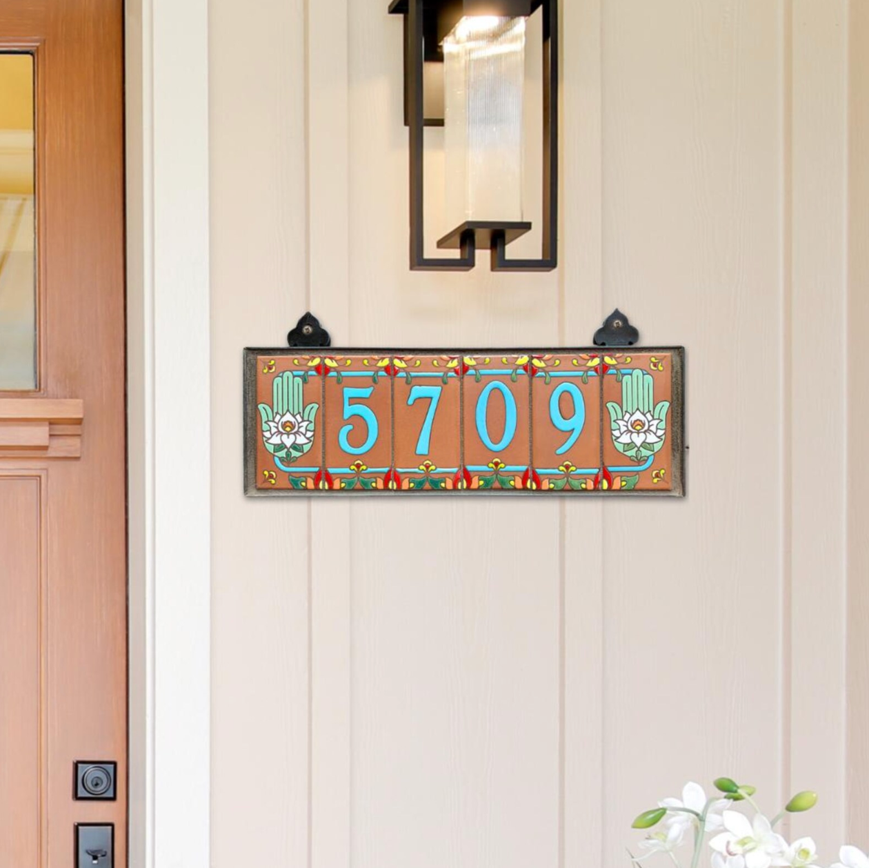 Custom Tile House Numbers with Hamsa Hand End Caps, Terra Cotta Background, and Turquoise Numbers