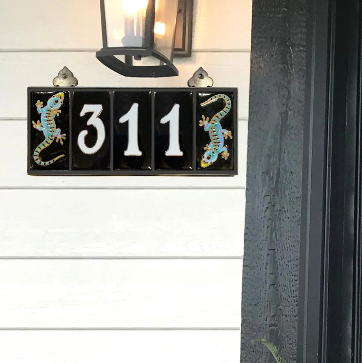 Custom Tile House Numbers with Gecko End Caps, Black Background and White Numbers