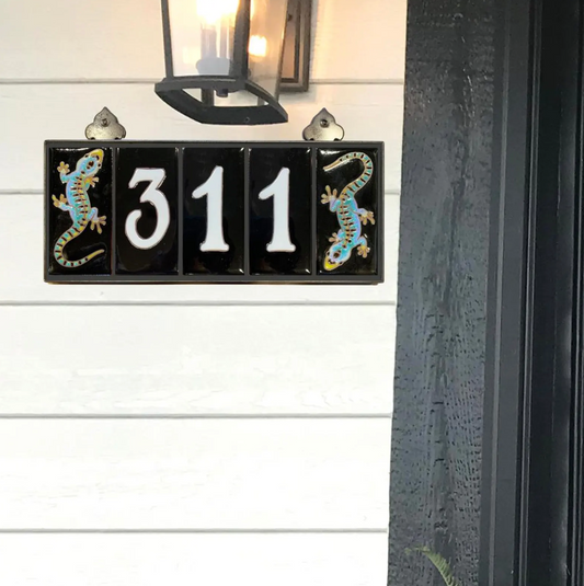 Custom Tile House Numbers with Gecko End Caps, Black Background and White Numbers