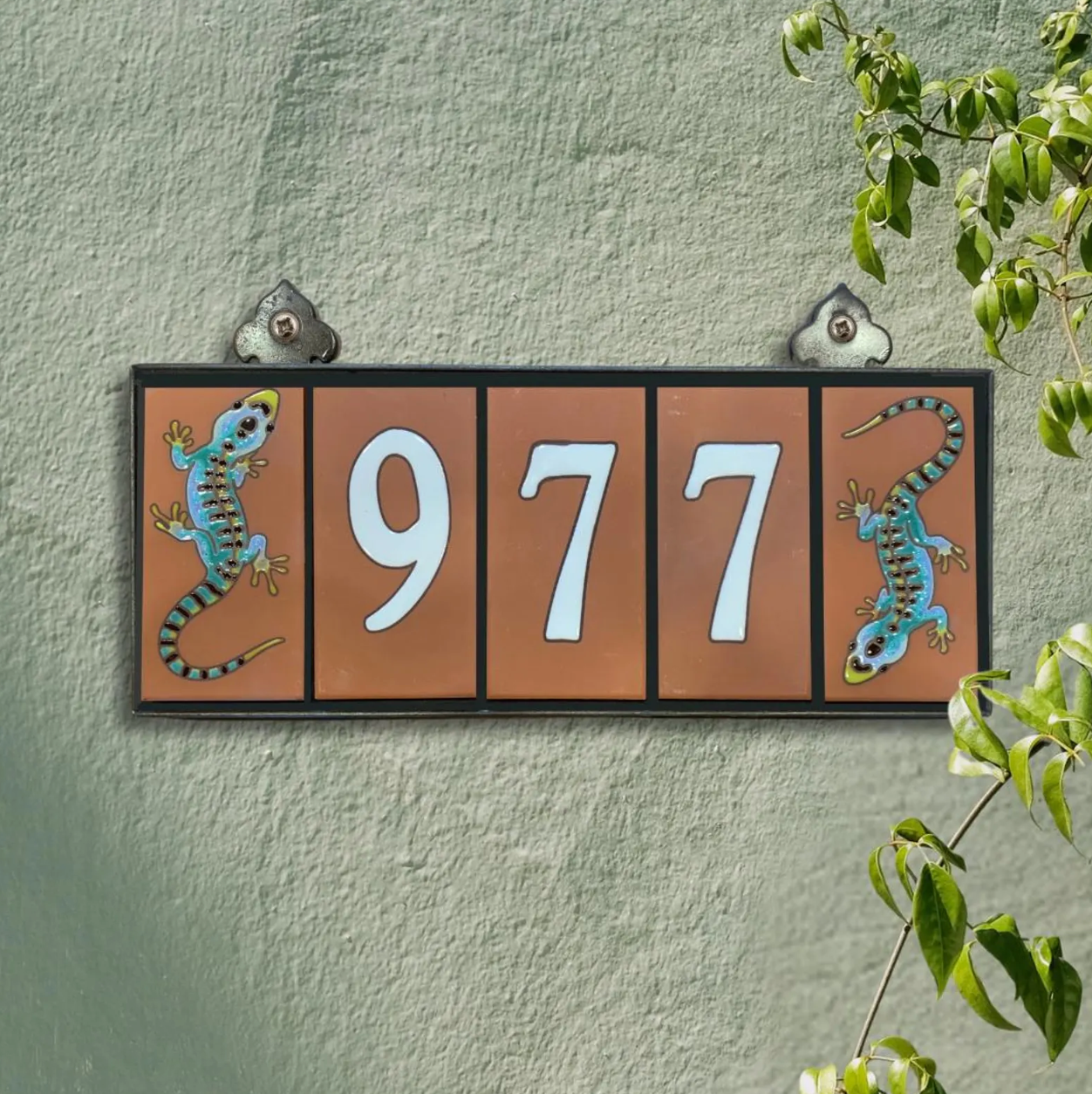 Custom Tile House Numbers with Gecko End Caps, Terra Cotta Background and White Numbers