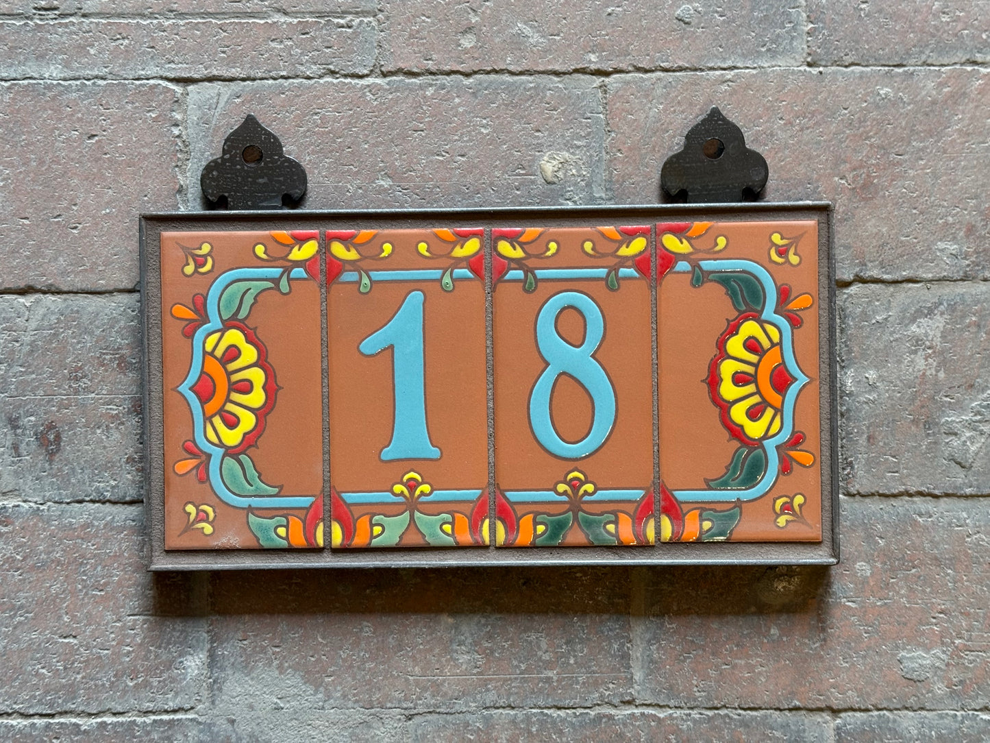 Custom Tile House Numbers with Talavera End Caps, Terra Cotta Background, and Turquoise Numbers